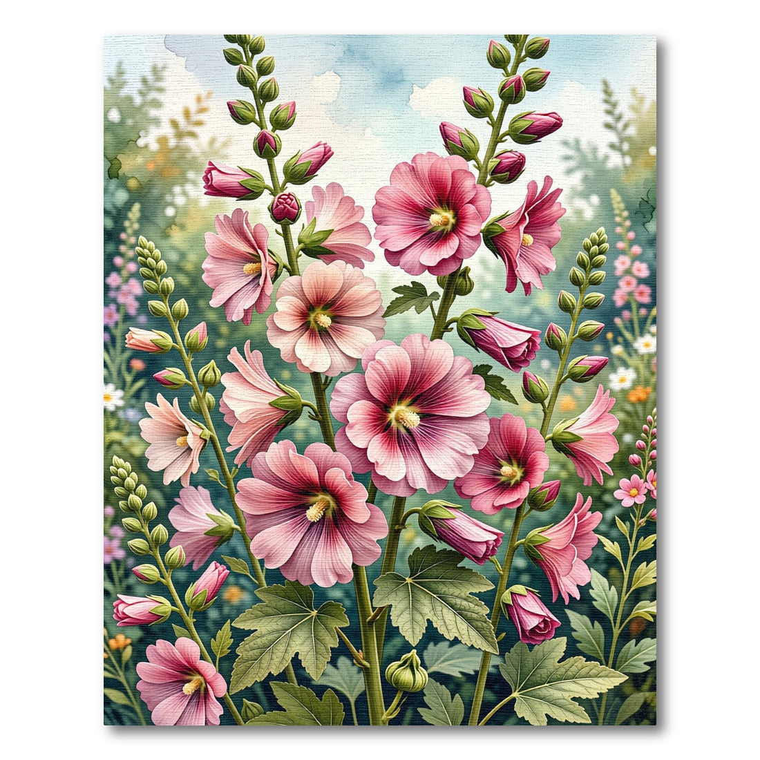 Vibrant Pink Hollyhock Botanical Garden Rug