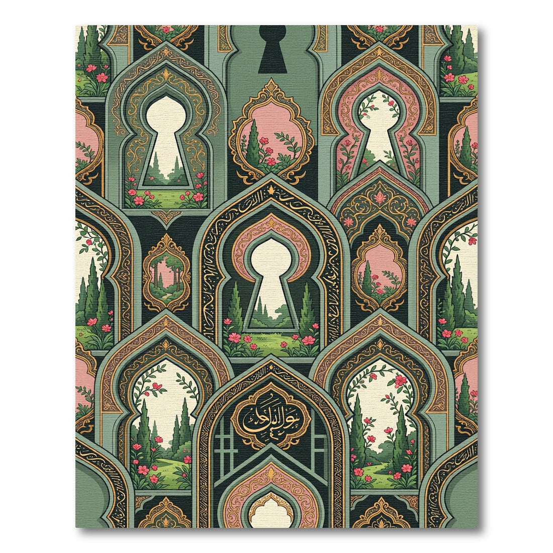 Sage Green Archway Floral Garden Tapestry Rug
