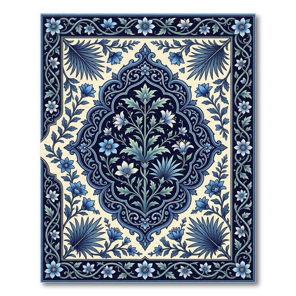 Deep Blue Botanical Scrollwork Medallion Rug