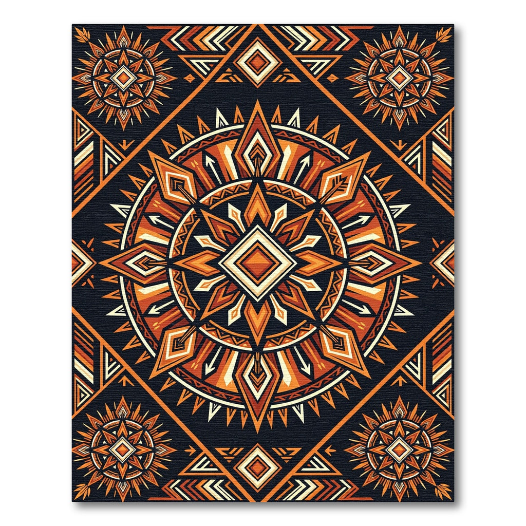 Tribal Burnt Orange Geometric Sun Medallion Rug