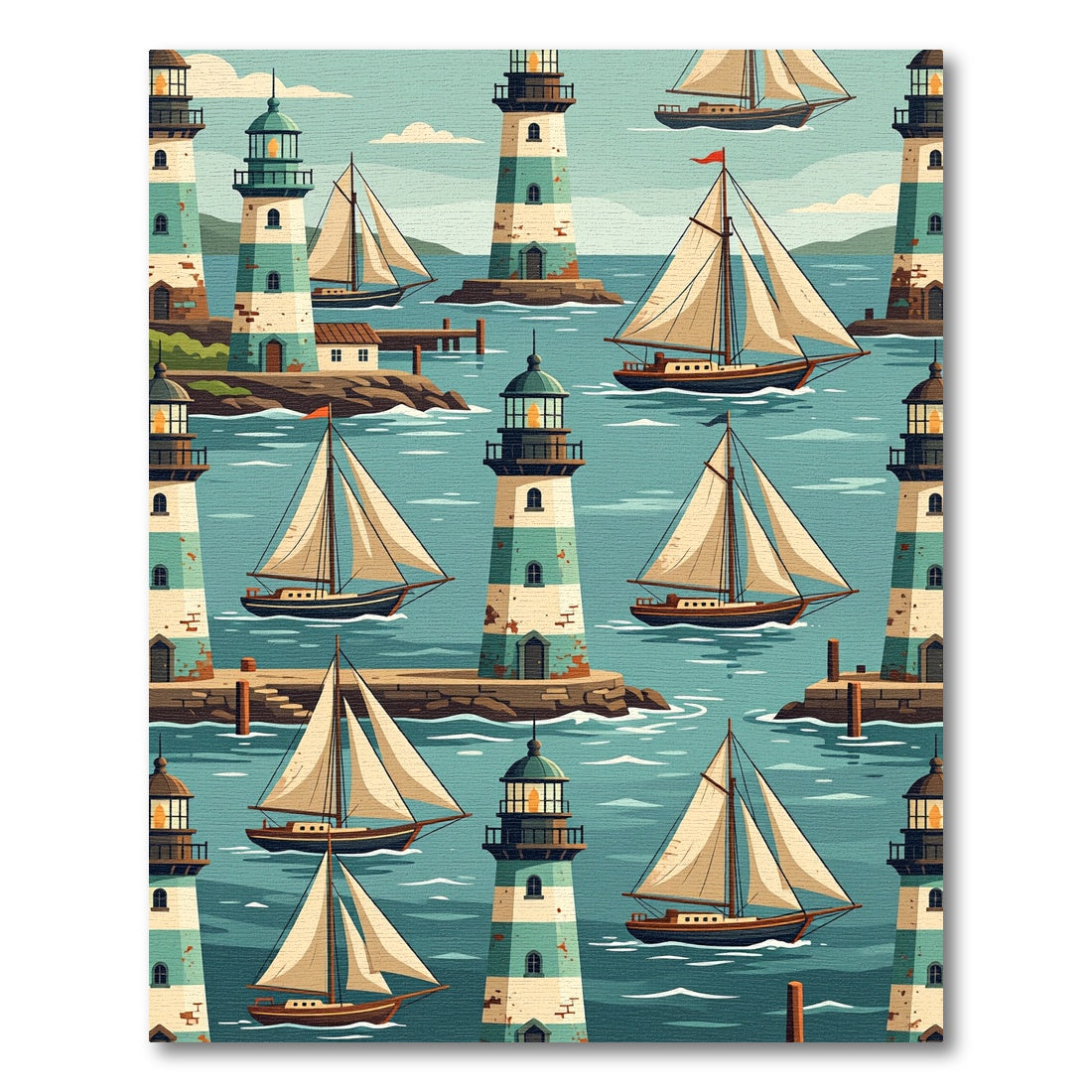 Nautical Lighthouse and Sailboat Ocean Scene Rug