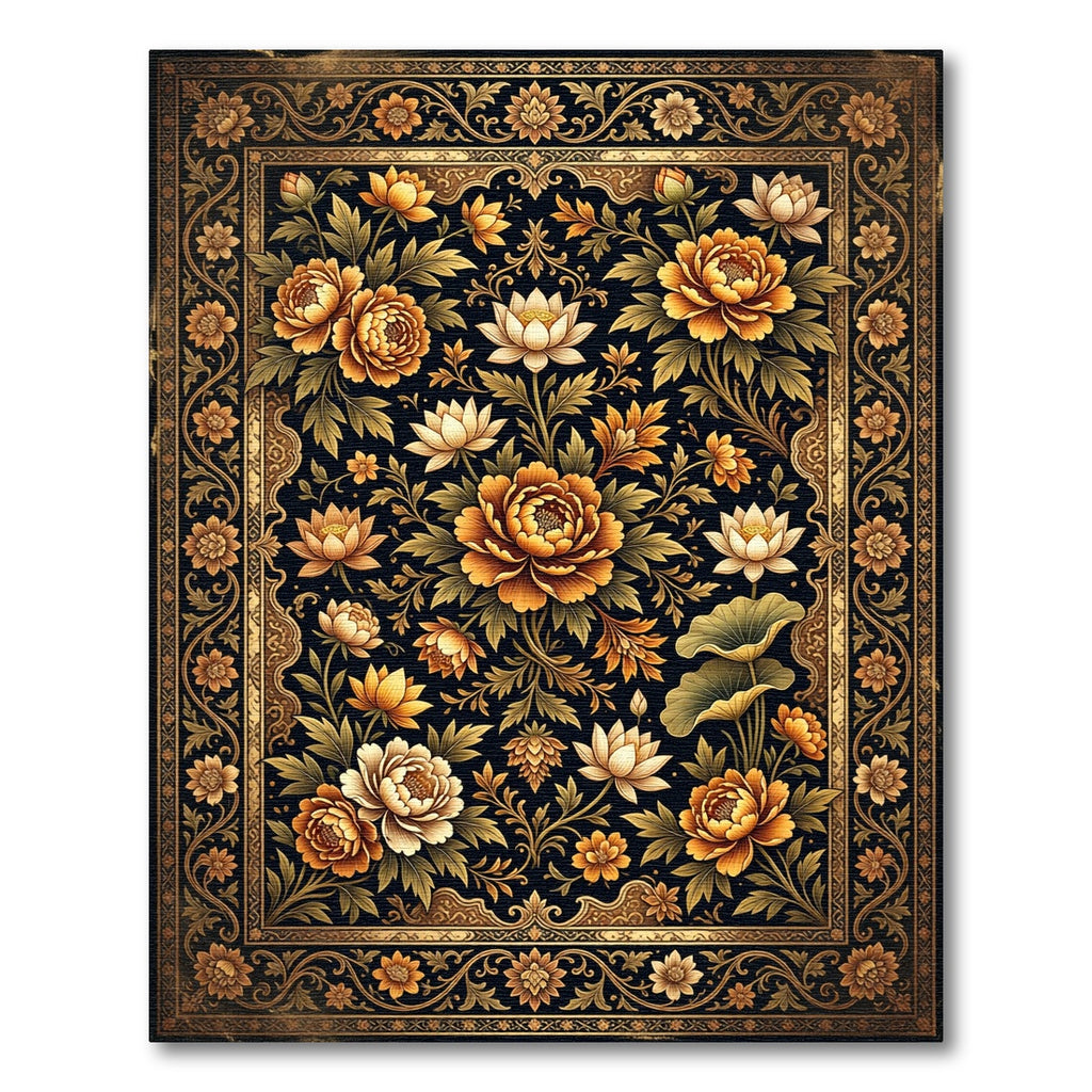 Golden Orange Floral Medallion Dark Rug