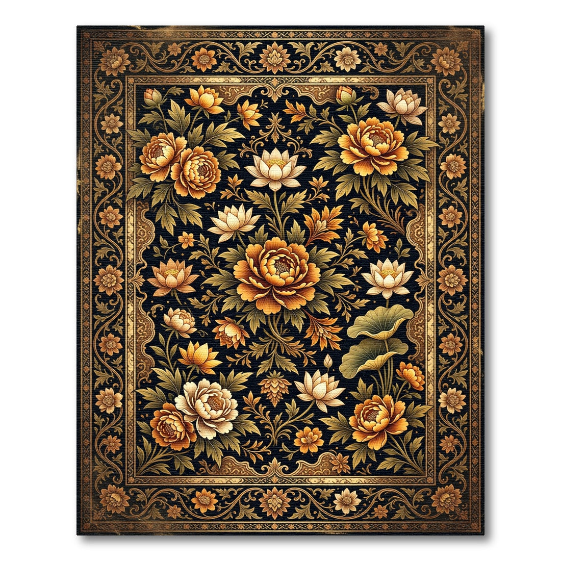 Golden Orange Floral Medallion Dark Rug