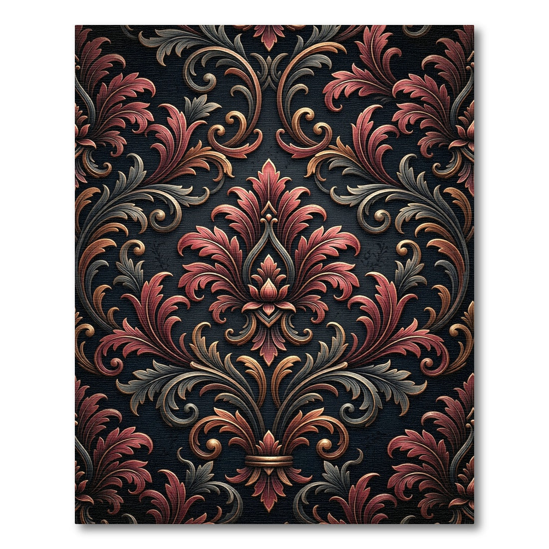 Ornate Crimson Gold Scrolls Damask Rug