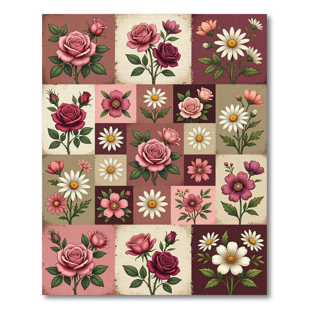 Vintage Blush Rose Daisy Patchwork Grid Rug