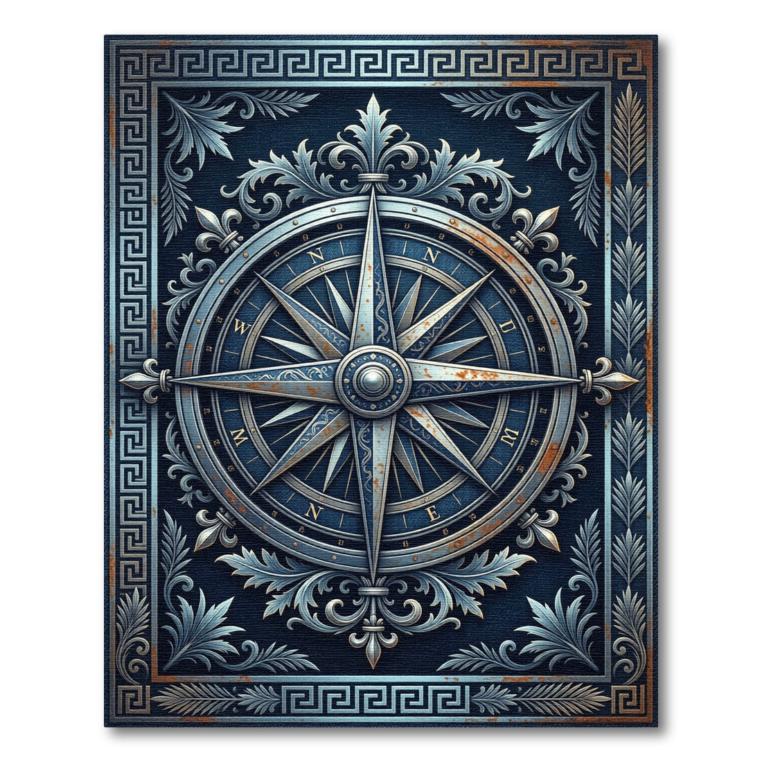 Navigational Compass Ornate Blue Rug