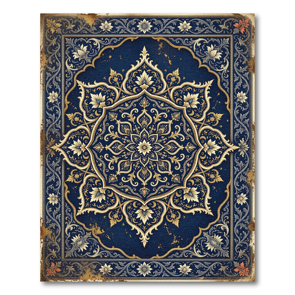 Midnight Blue Ornate Gold Floral Medallion Rug
