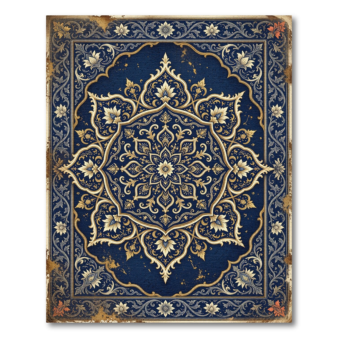 Midnight Blue Ornate Gold Floral Medallion Rug