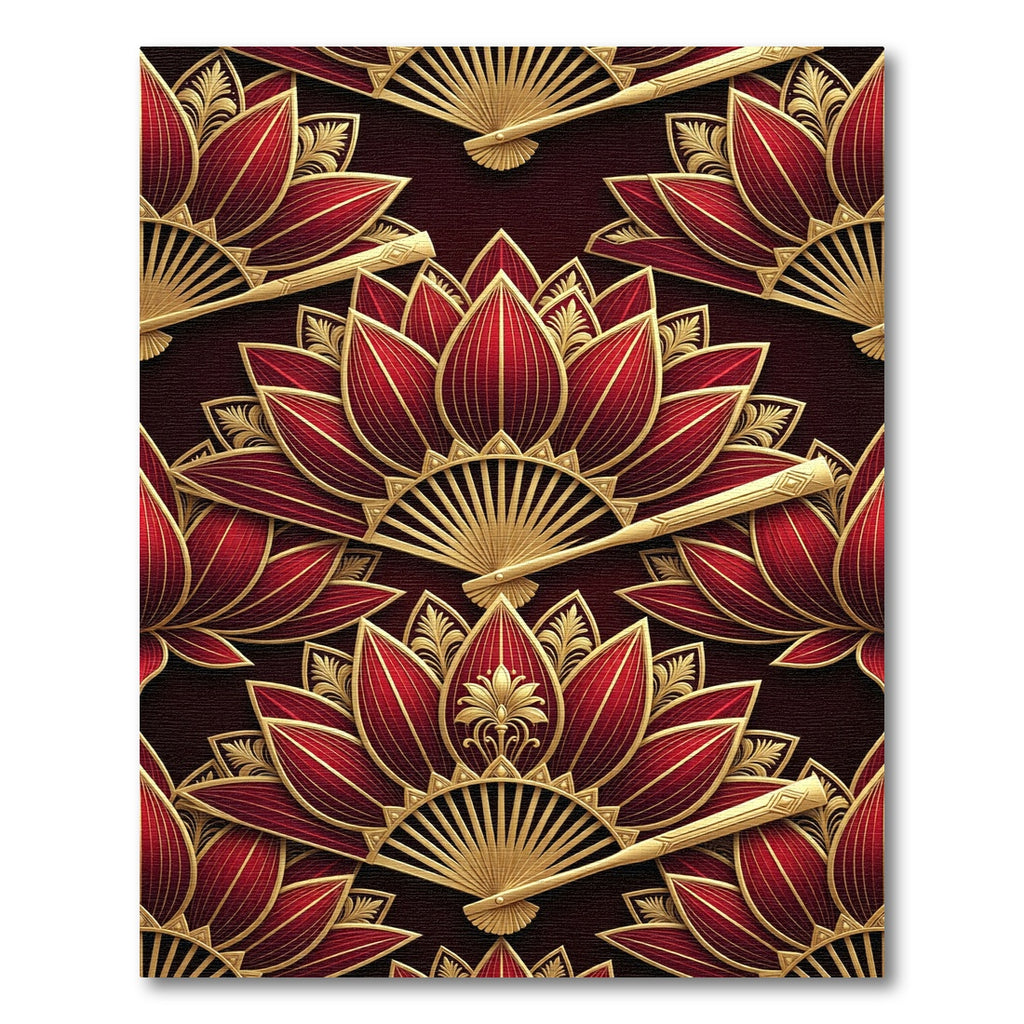 Elegant Crimson Gold Lotus Fan Art Rug