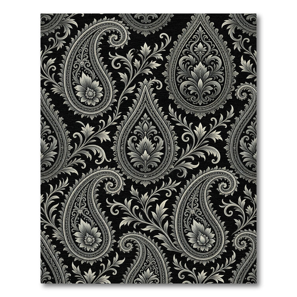 Black Silver Paisley Floral Scroll Rug