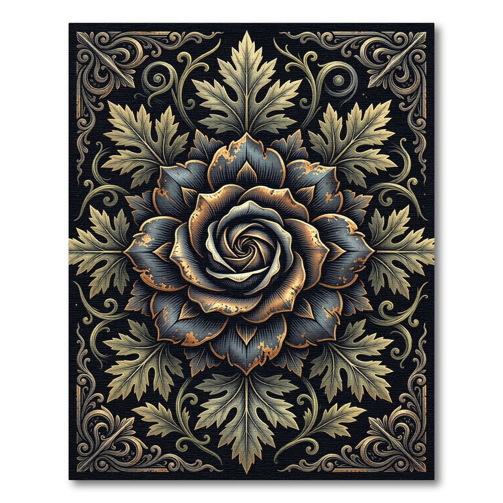 Gilded Dark Rose Botanical Scroll Ornament Rug