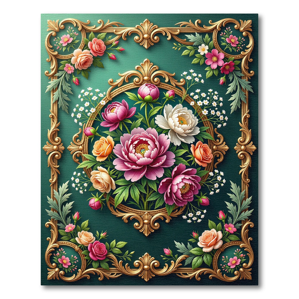 Ornate Golden Frame Peony Bouquet Rug