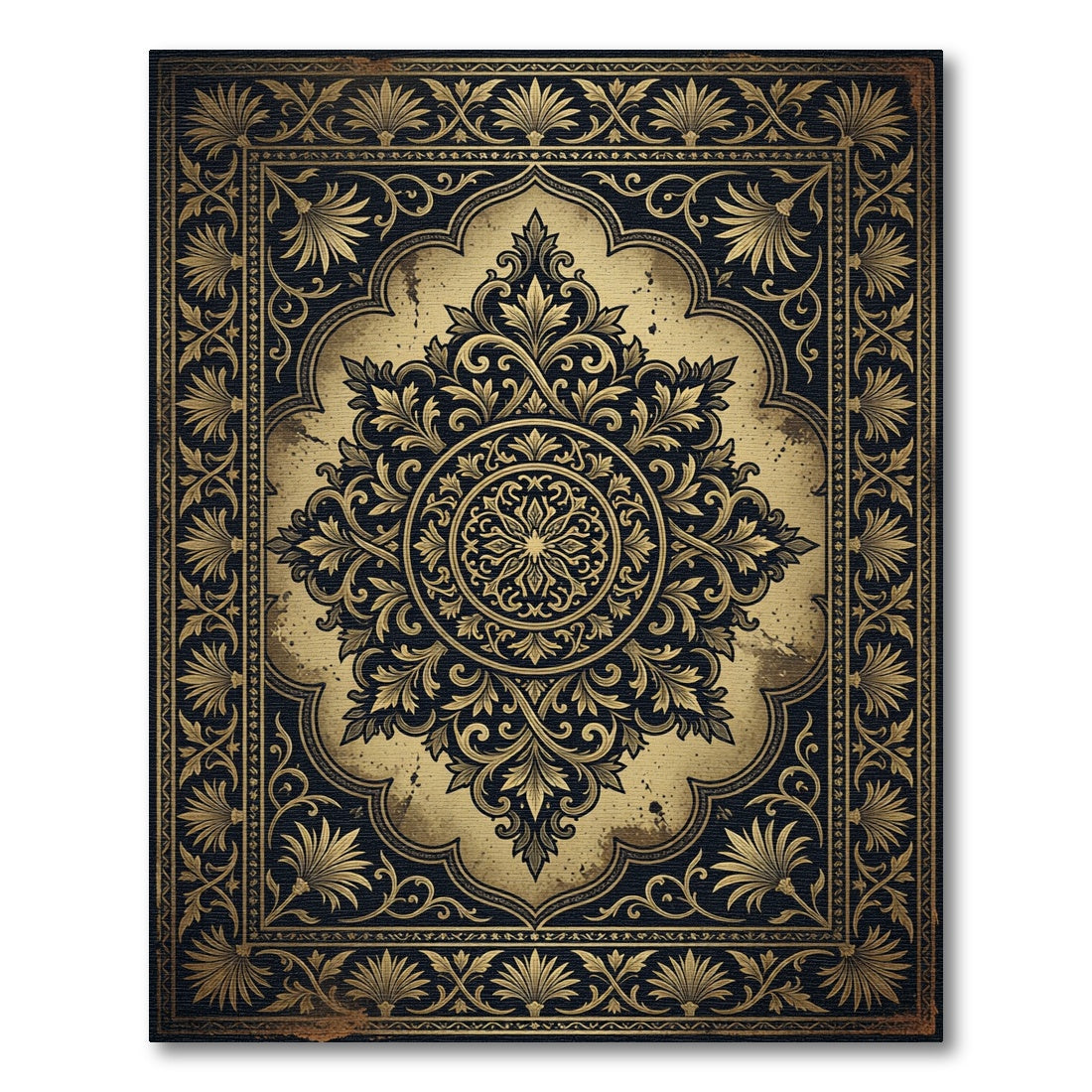 Ornate Golden Black Floral Medallion Rug