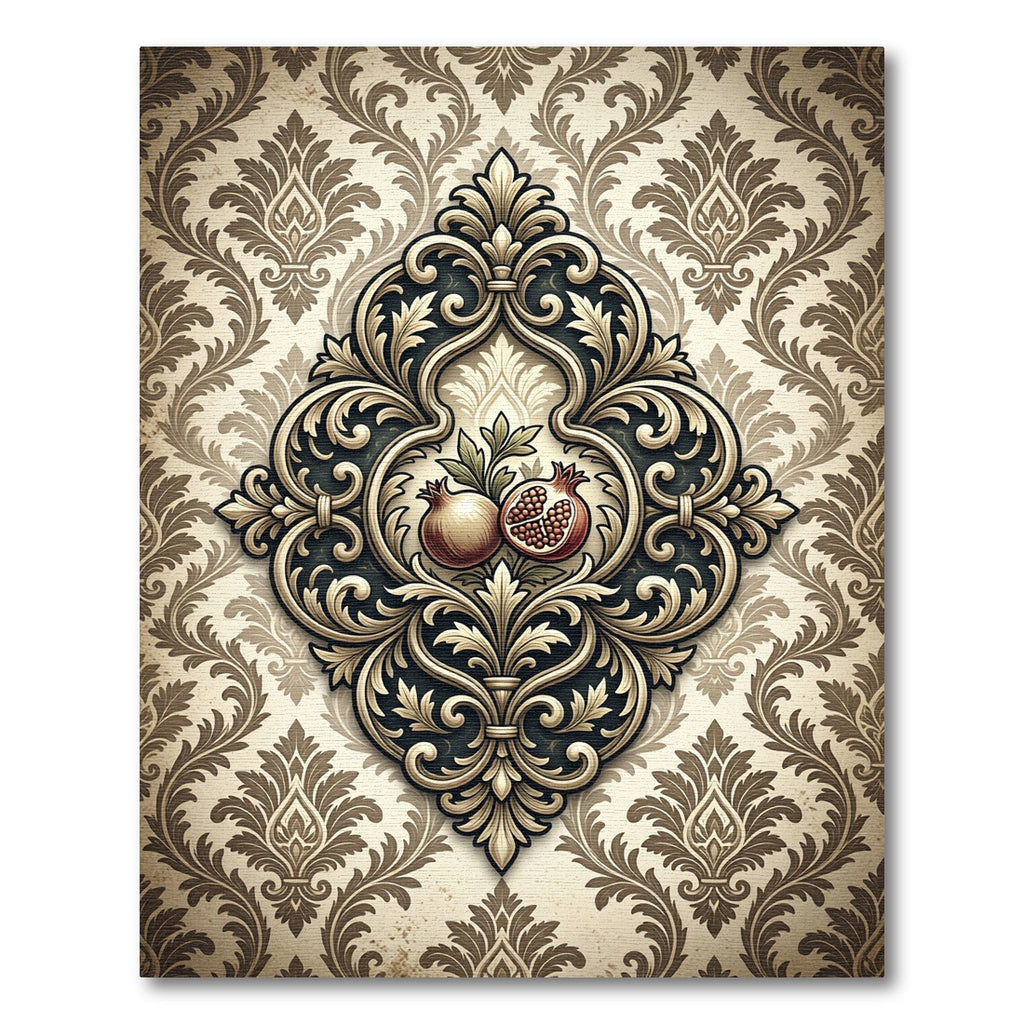 Elegant Pomegranate Damask Scroll Medallion Rug