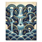 Zen Blue Waterfall Pagoda Geometric Landscape Rug