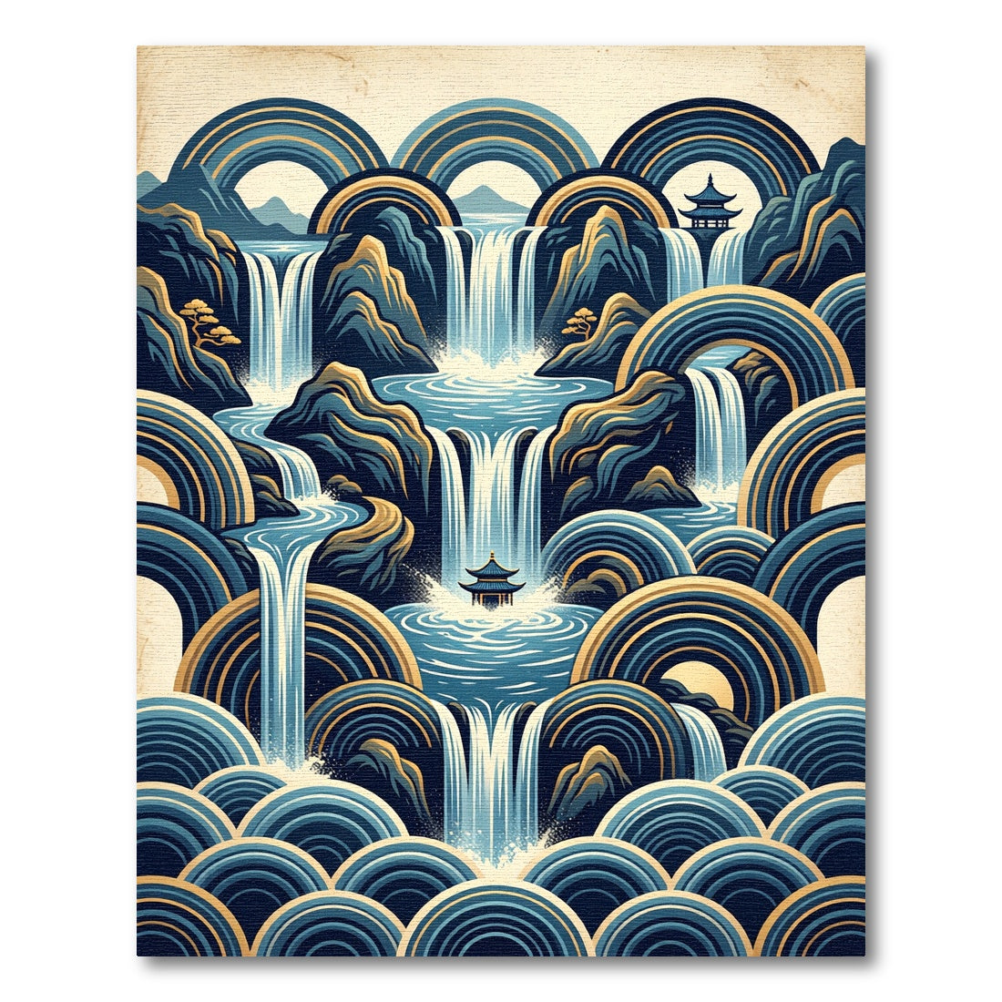 Zen Blue Waterfall Pagoda Geometric Landscape Rug