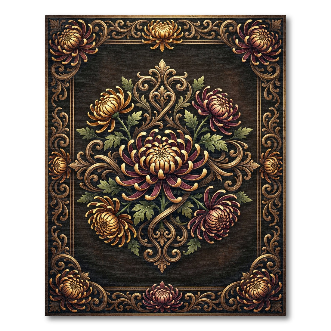 Ornate Gold Floral Chrysanthemum Scroll Rug
