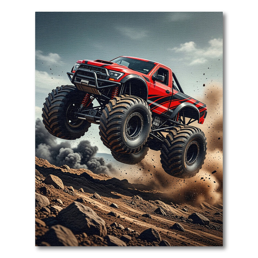 Dynamic Red Monster Truck Action Rug