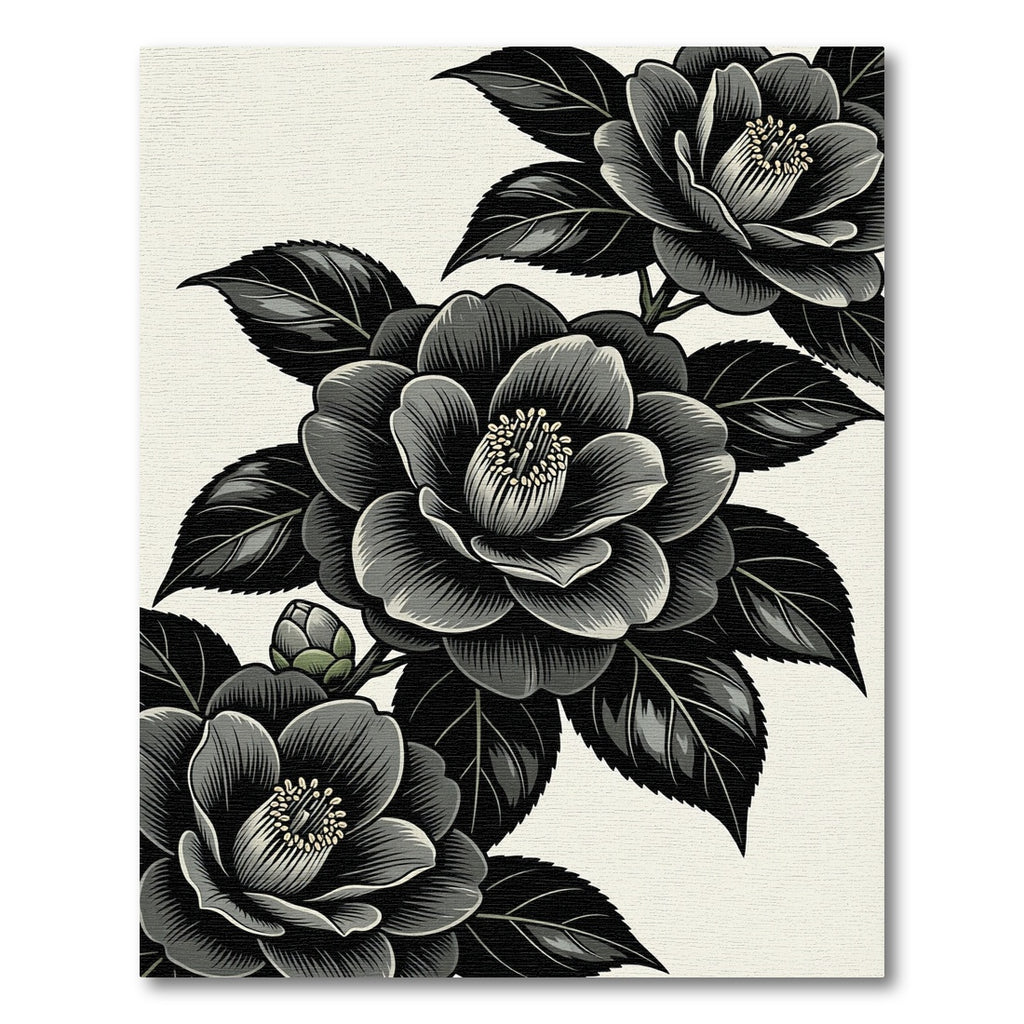 Monochromatic Botanical Camellia Floral Branch Rug