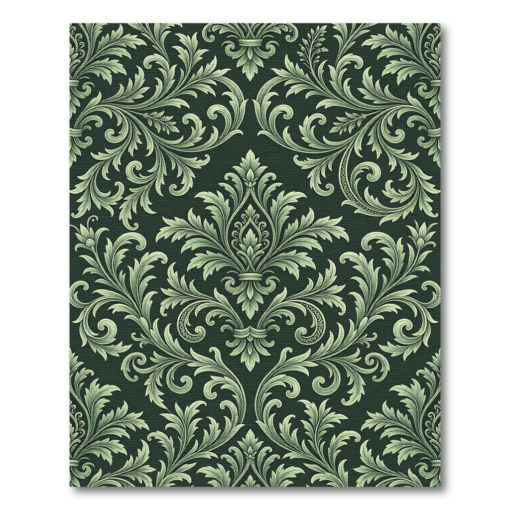 Ornate Sage Green Damask Scroll Rug