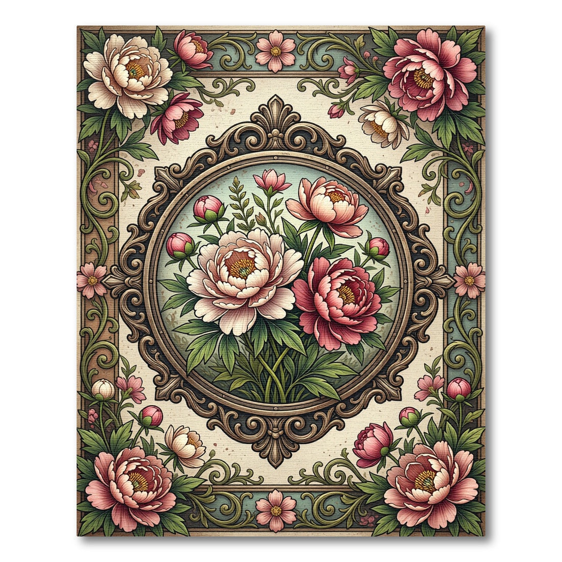 Vintage Pink Peony Medallion Floral Rug