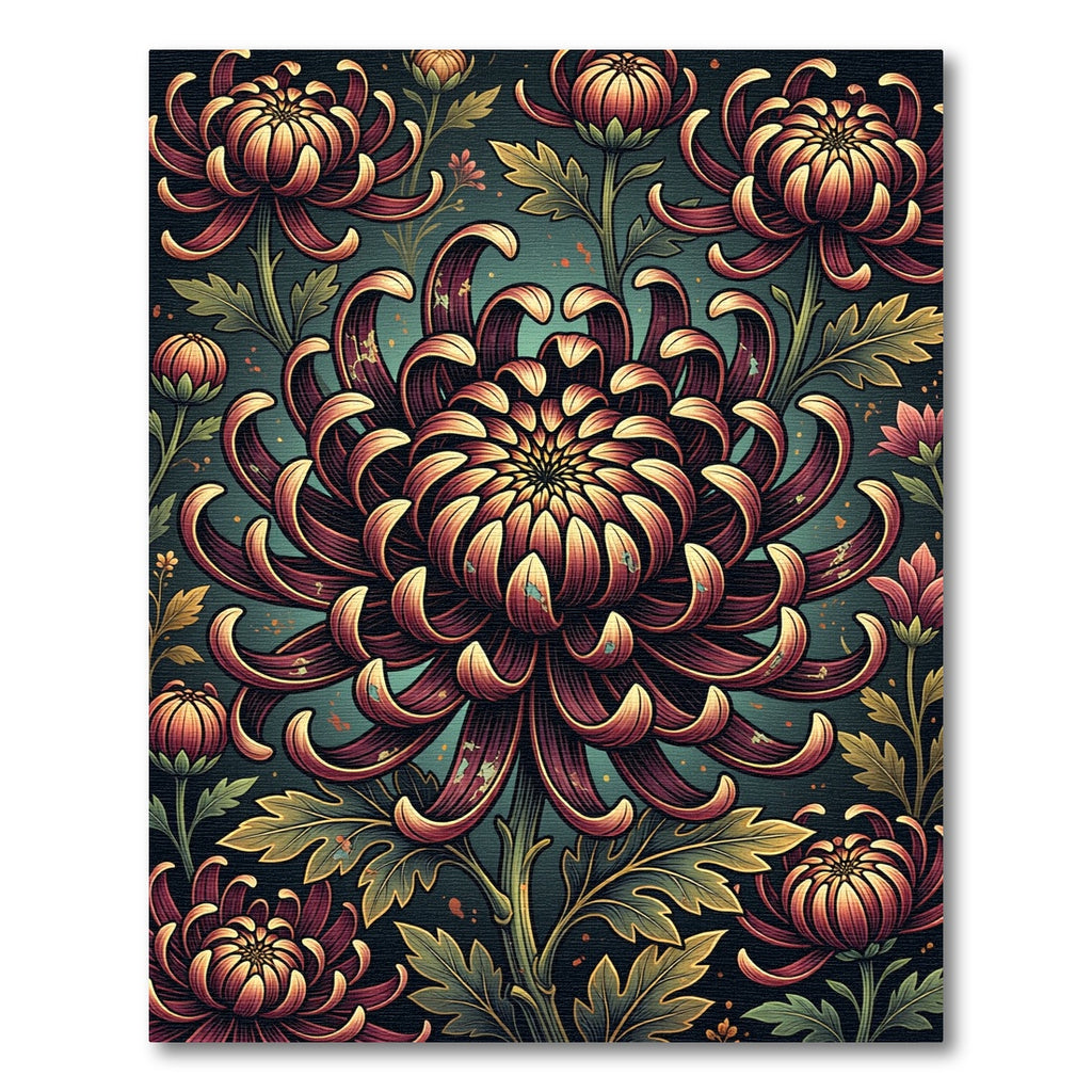 Dark Crimson Chrysanthemum Floral Botanical Art Rug