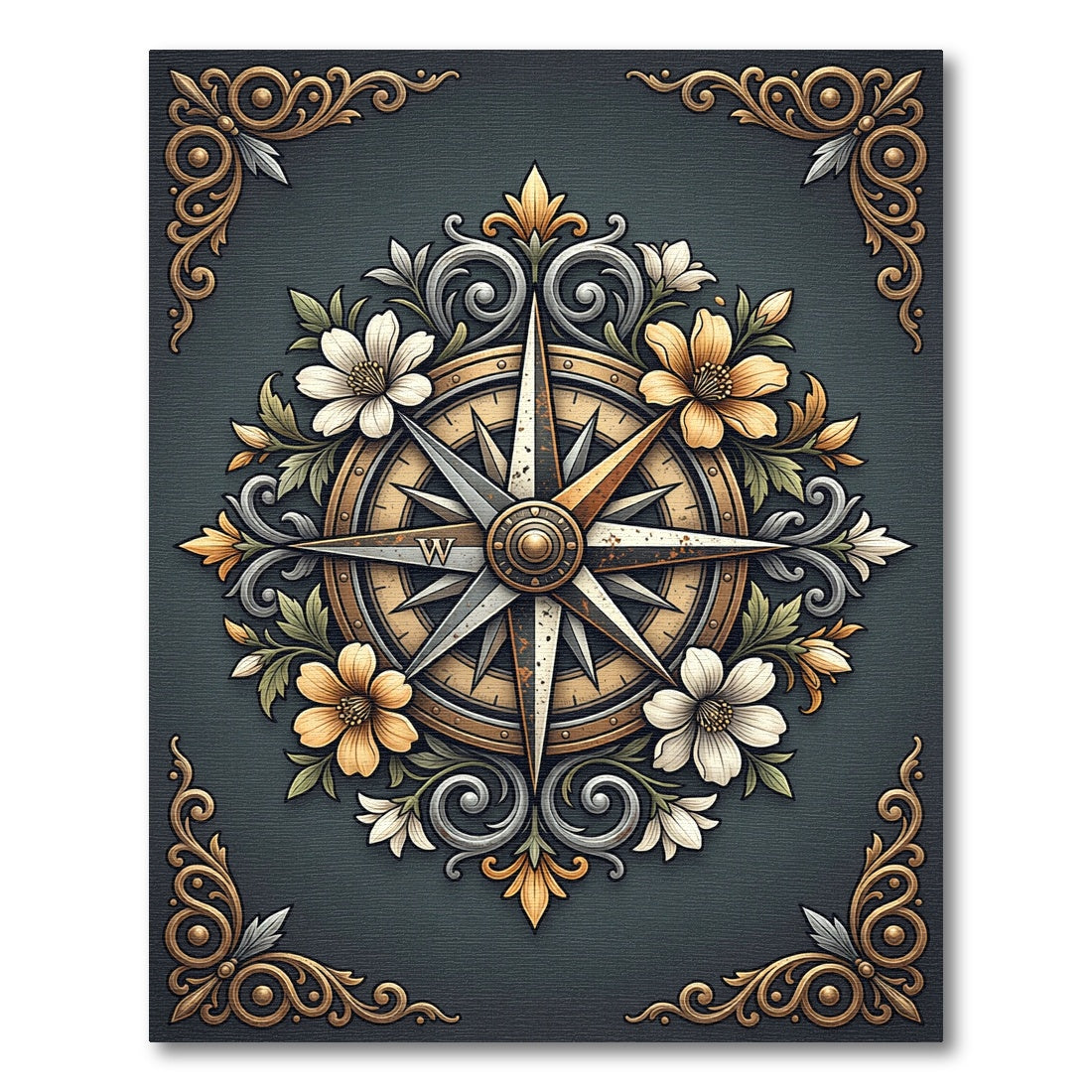 Elegant Gold Compass Floral Medallion Rug