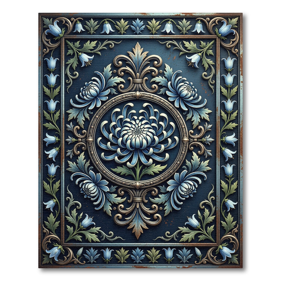 Midnight Blue Chrysanthemum Ornate Floral Crest Rug