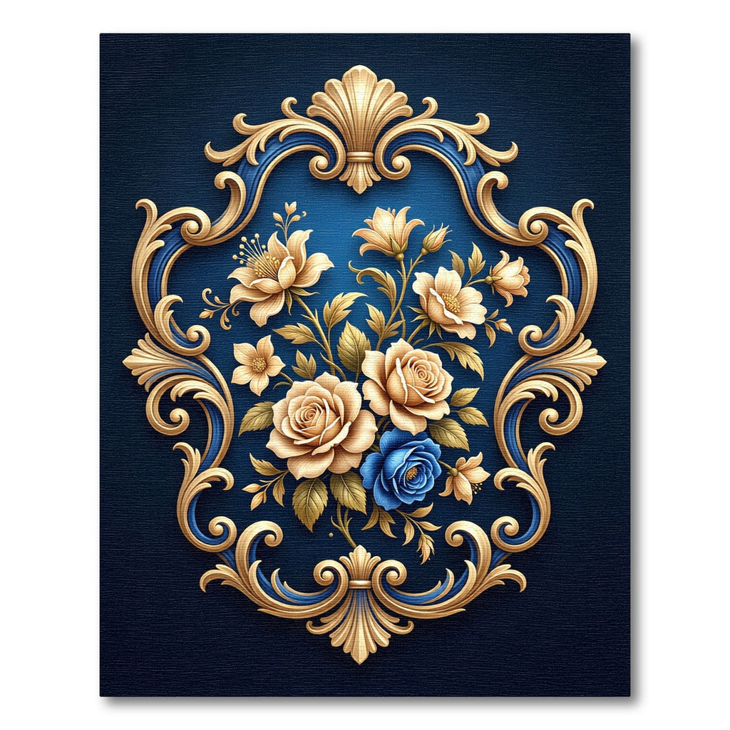 Golden Floral Baroque Midnight Blue Rug