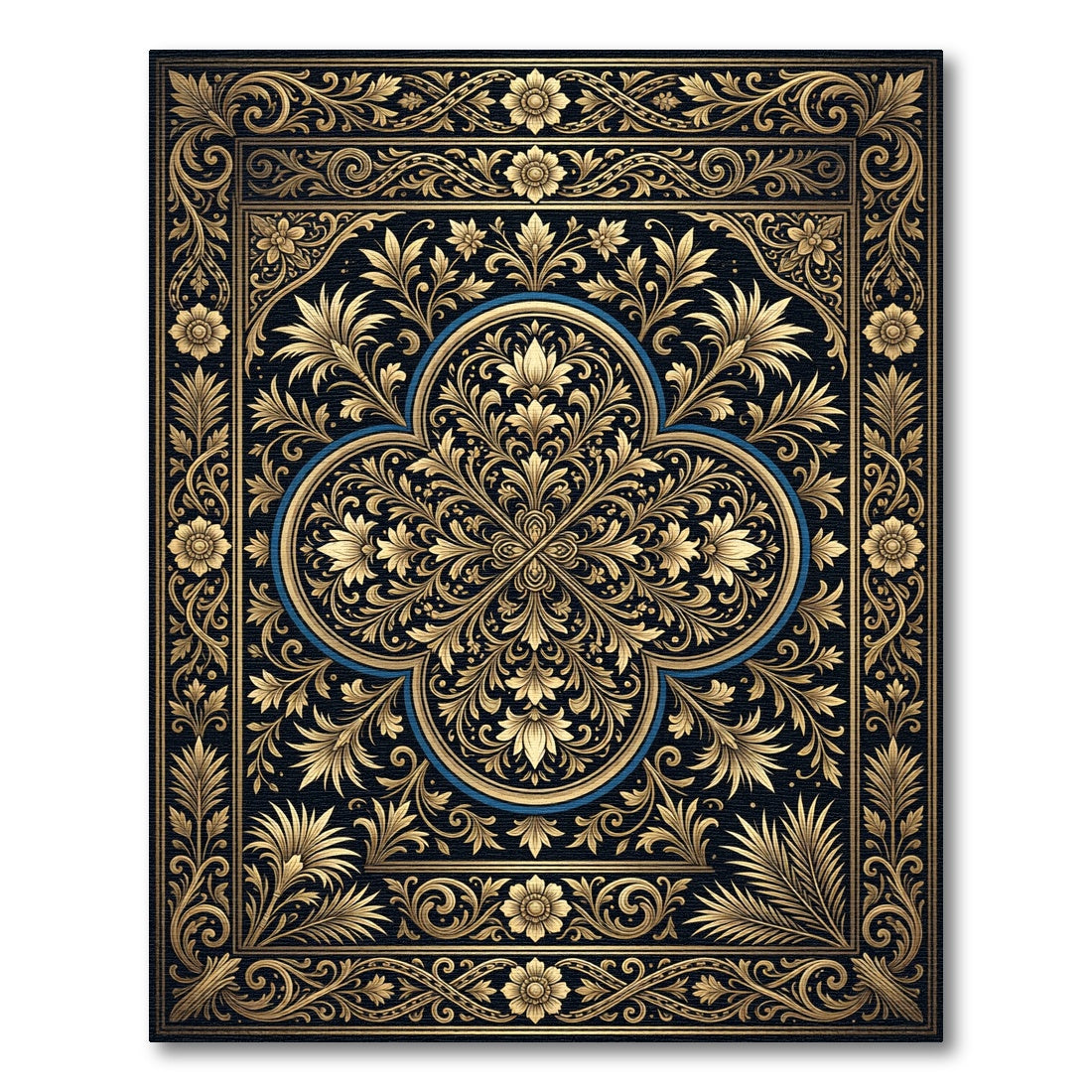 Ornate Gold Floral Damask Black Rug