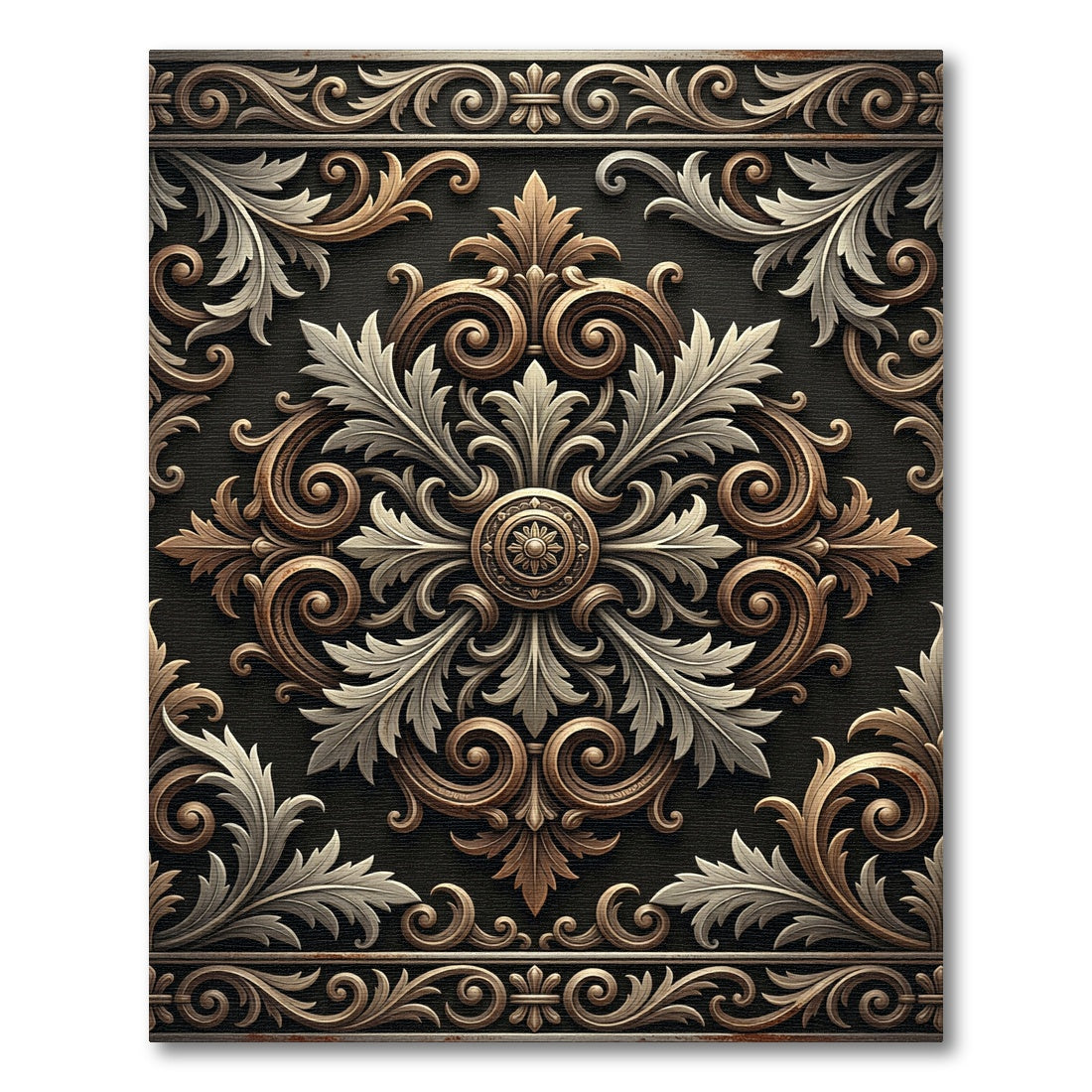 Baroque Bronze and Ivory Filigree Medallion Rug