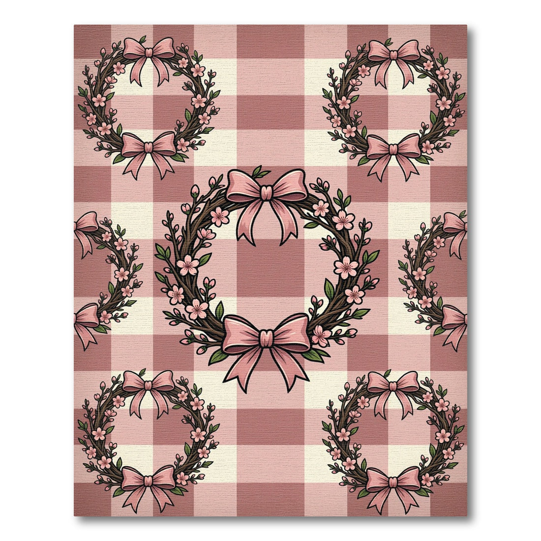 Blush Pink Gingham Cherry Blossom Wreath Rug
