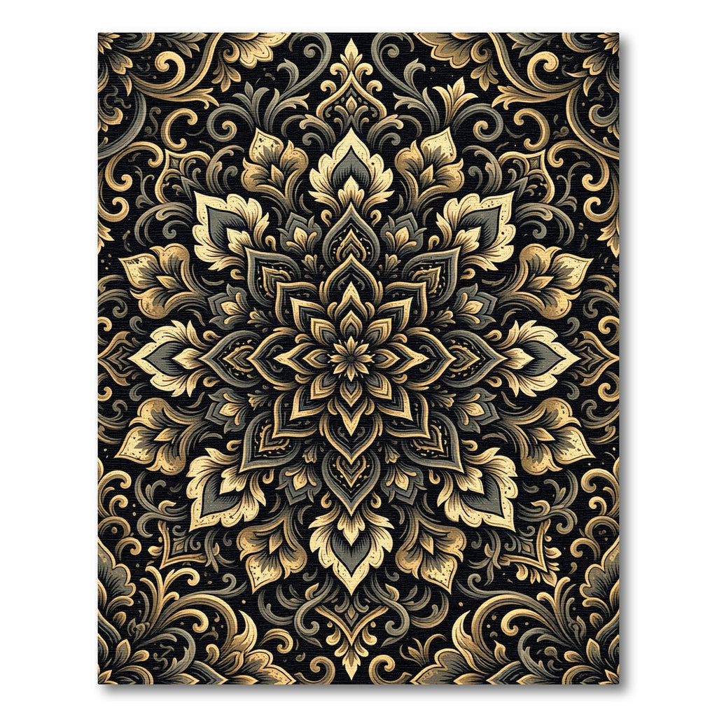 Ornate Gold and Charcoal Floral Medallion Rug