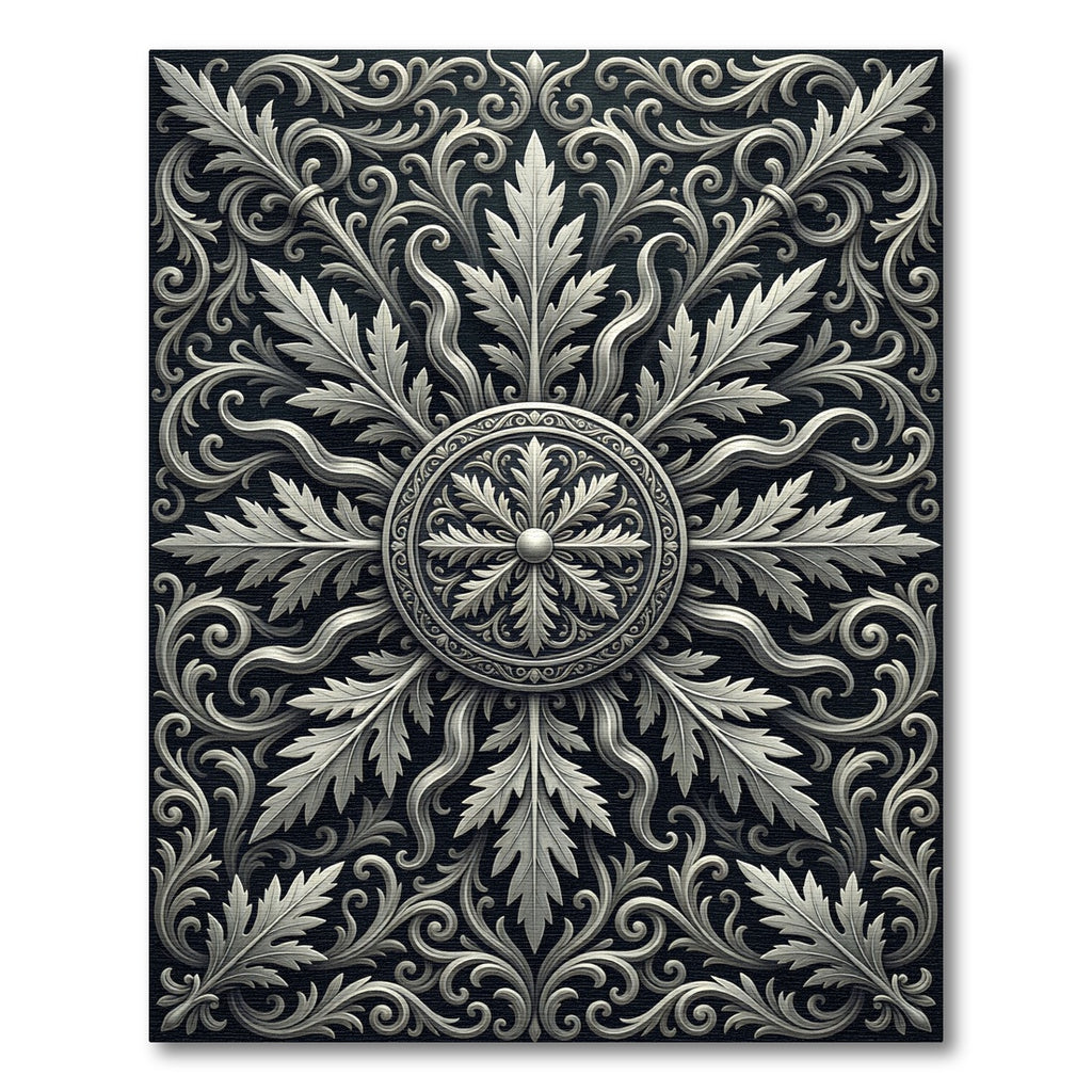 Ornate Silver Acanthus Scrollwork Rug