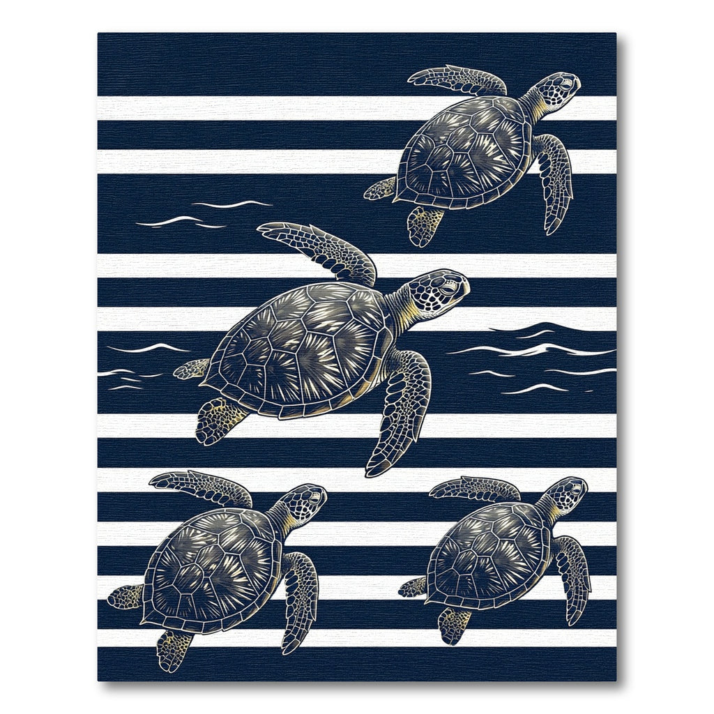 Navy Blue Striped Sea Turtle Art Rug