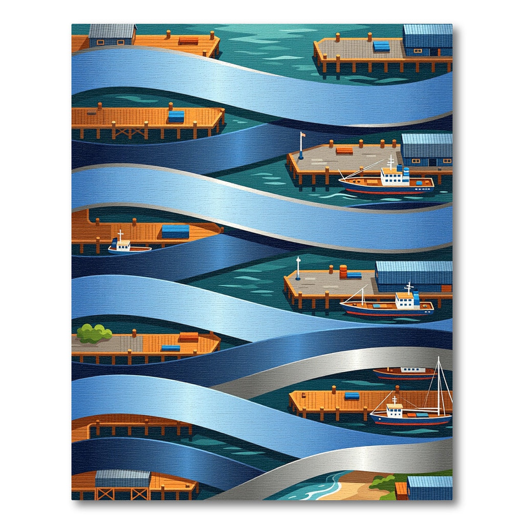 Isometric Blue Nautical Harbor Landscape Rug