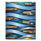 Isometric Blue Nautical Harbor Landscape Rug