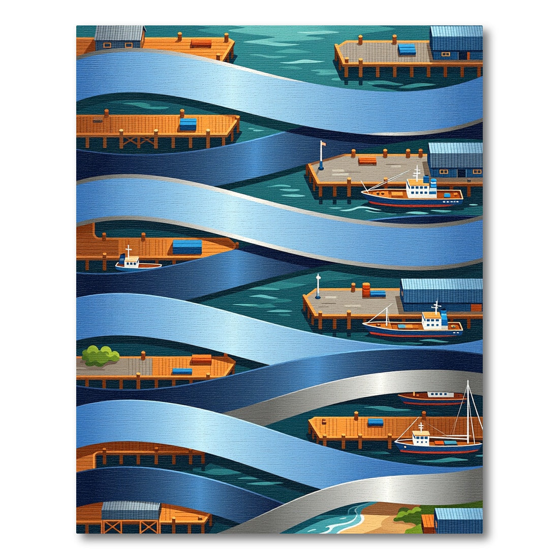 Isometric Blue Nautical Harbor Landscape Rug