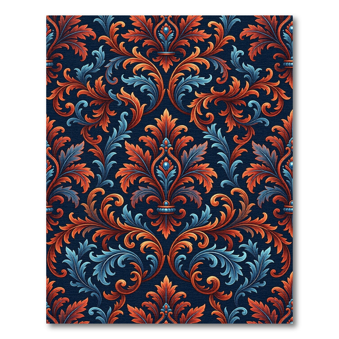 Ornate Burnt Orange Blue Damask Rug