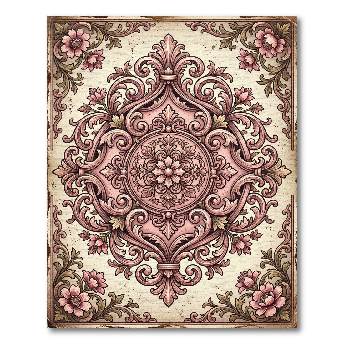 Ornate Pink Floral Scroll Medallion Rug