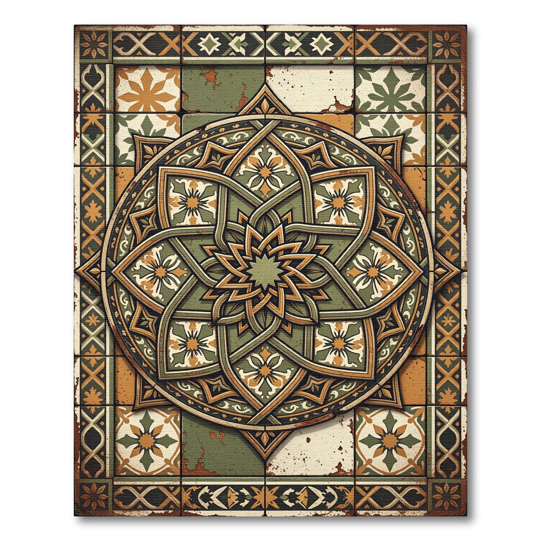 Earthy Green Geometric Star Medallion Rug