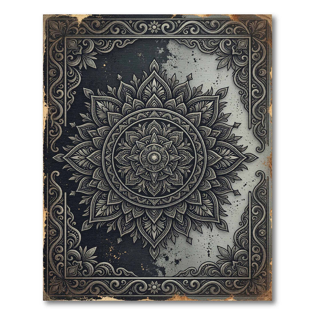 Monochrome Intricate Mandala Floral Frame Rug