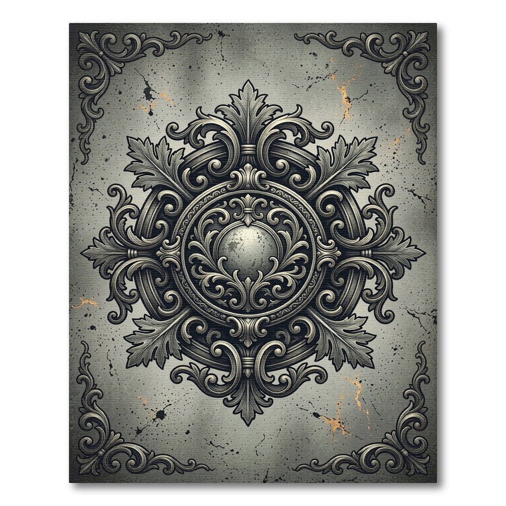 Ornate Charcoal Damask Filigree Medallion Rug
