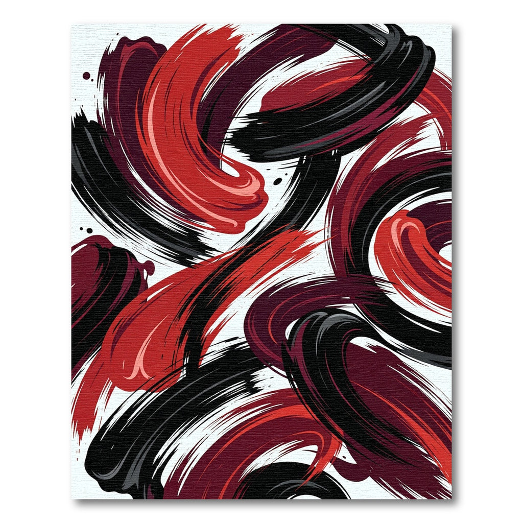 Bold Red and Black Abstract Swirl Rug