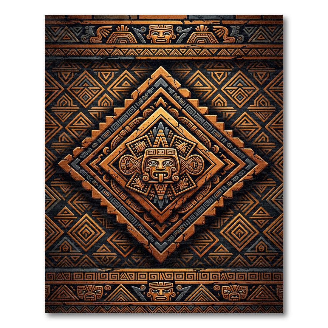 Ancient Aztec Copper Geometric Embossed Art Rug