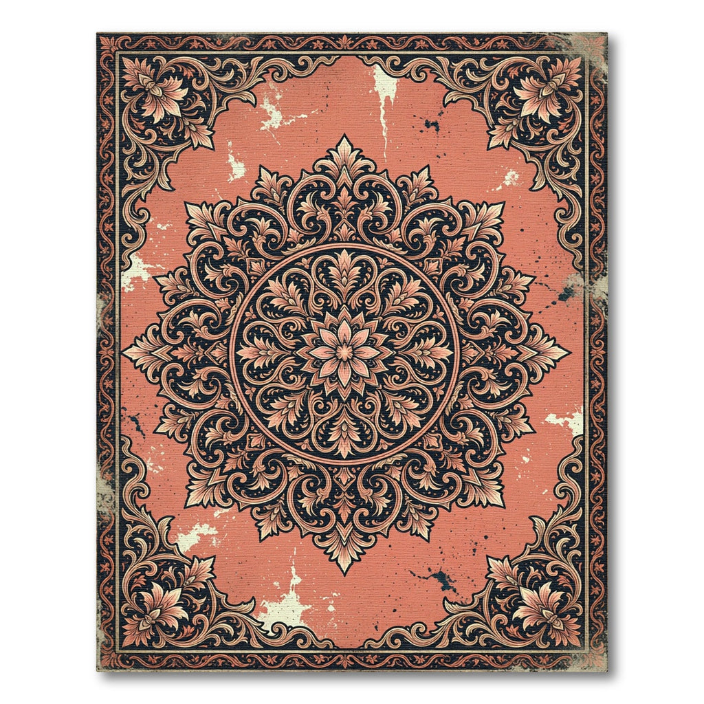 Coral Black Ornate Floral Mandala Rug