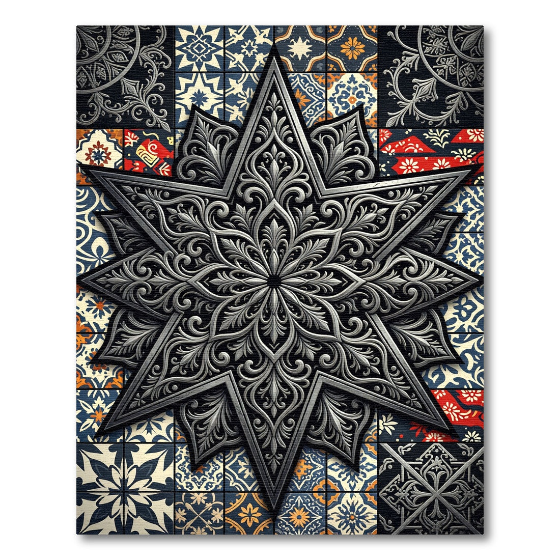 Ornate Silver Star and Floral Tile Rug