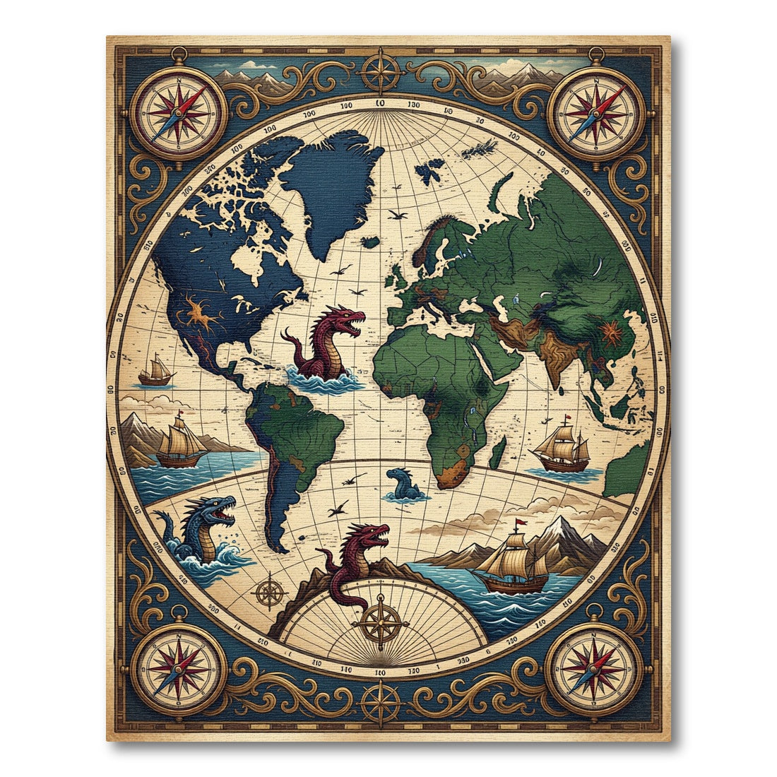 Antique Nautical Map Mythical Sea Creature Rug