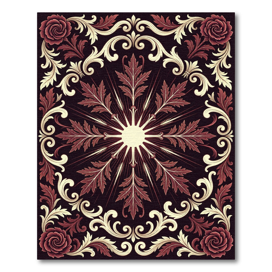 Dark Crimson Floral Baroque Medallion Rug