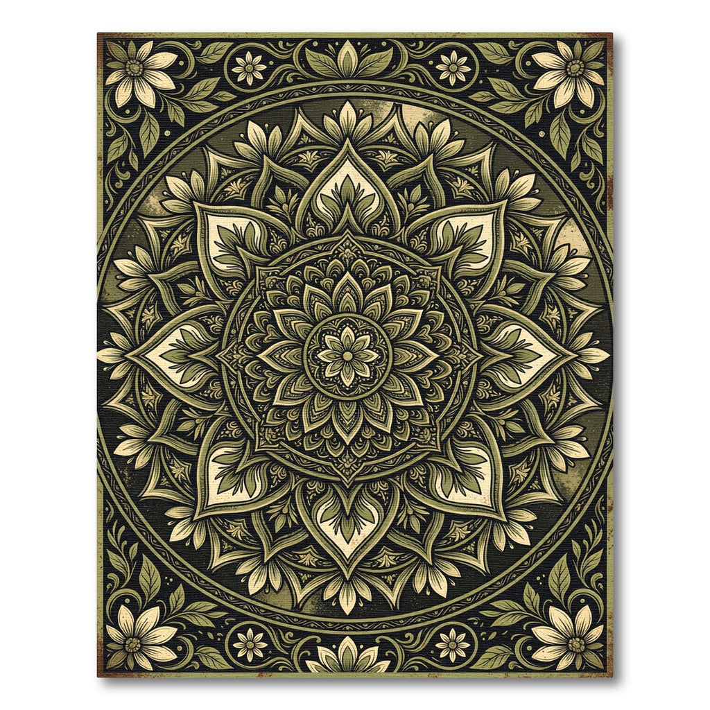 Earthy Sage Botanical Floral Mandala Rug